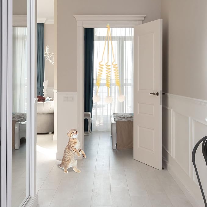 WishLotus Interactive Cat Toys, 2 Pack Soft Plush Cat Toys for Indoor Cats Self-Hanging Door Cat Plush Toys with Bells Long Tail Elastic Indoor Cat Toys for Cat Chase Play and Kill Time (Pink+Yellow)