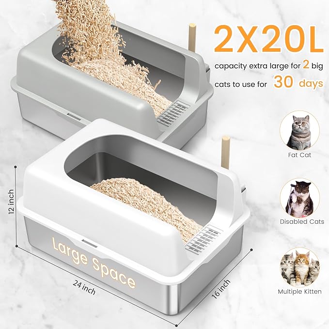 2 Pack Stainless Steel Cat Litter Box, Enclosed Metal Litter Box with Lid, XL Extra Large Cat Litter Box for Big Cats, Non-Sticky High Side Kitty Litter Box (White&LightGrey)