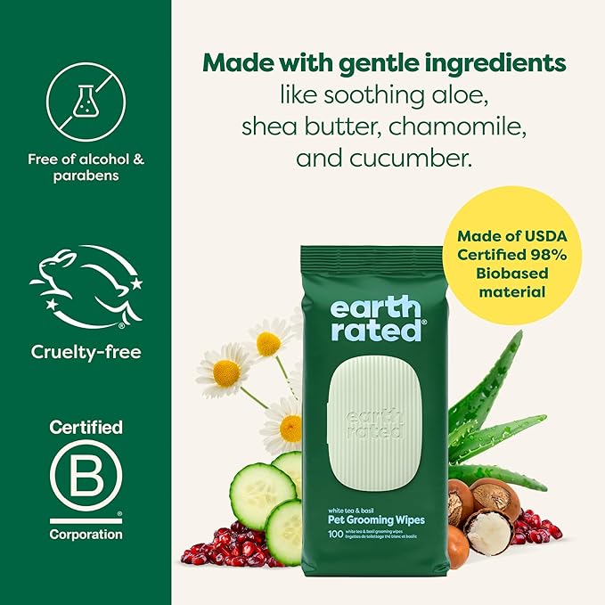 Earth Rated 3-in-1 Pet Grooming Wipes, Cleaning, Deodorizing & Hydrating for Paws, Body, and Butt, Perfect for Dogs & Cats, White Tea and Basil Scent, 100 Count