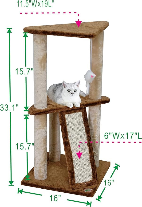 Go Pet Club Everyday Value 35in Corner Cat Tree Kitty Scratcher Tower Kitten Condo House Furniture with Scratching Board & Hanging Toys for Indoor Cats, Beige/Brown
