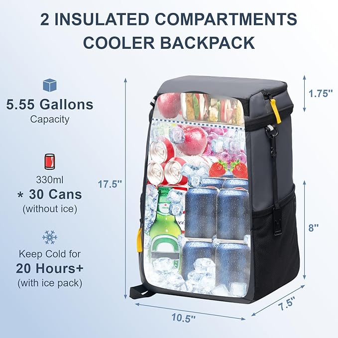 Backpack Cooler Insulated Leak Proof 30/45 Cans, 2 Insulated Compartments Thermal Bag, Portable Lightweight Beach Travel Camping Lunch Backpack for Men and Women