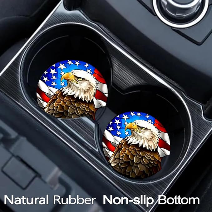 Car Coasters for Cup Holders,2 Pack US Flag and Bald Eagle Car Coasters,2.75" Universal Size Anti Slip Rubber Mat,Automotive Cup Holder Decor Accessories,US Flag Gifts for Women,Men,Mom