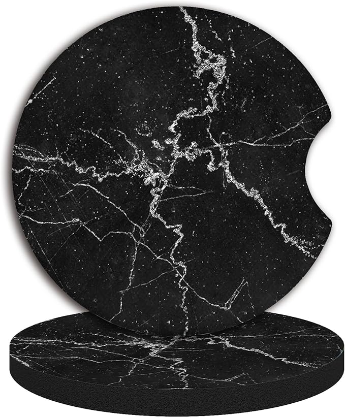 Car Accessories for Women&Man, Car Coasters for Cup Holders, Pack of 2 2.75inch Universal Anti Slip Car Assecories, Car Coasters with A Finger Notch(Black Marble)