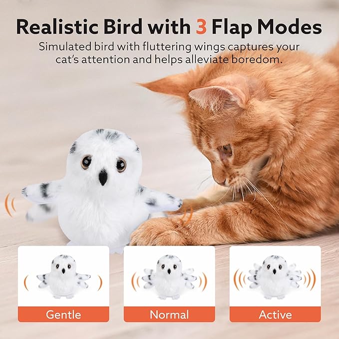 Flapping Owl Cat Toys, Interactive Cat Exercise Toy with Lifelike Bird Chirp, USB Rechargeable Automatic Cat Kicker Catnip Toys for Bored Indoor Adult Cats Kittens