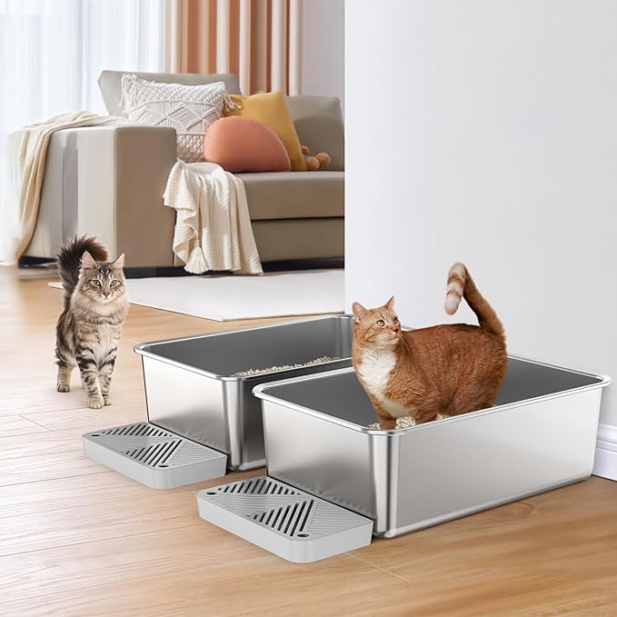 2 Pack 23.6"x 15.7"x 8" Extra Deep & Large Stainless Steel Litter Box for Big Cats, Non-Stick Odorless Metal Litter Box, XL Stainless Steel Pan with Footboard, Cat Litter Box Litter Tray