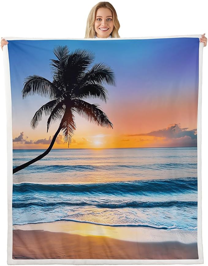 Ocean Wave Fleece Throw Blanket for Bed Sofa Couch Summer Sea Beach Sherpa Blanket Hawaiian Tropical Palm Tree Printed Blanket Soft Women Men Plush Fuzzy Blanket Air ConditionerBaby 30"x40"
