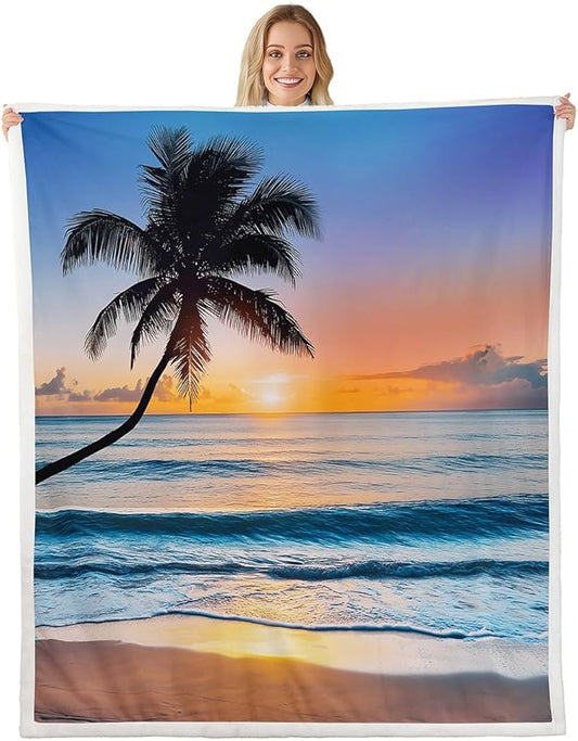 Ocean Wave Fleece Throw Blanket for Bed Sofa Couch Summer Sea Beach Sherpa Blanket Hawaiian Tropical Palm Tree Printed Blanket Soft Women Men Plush Fuzzy Blanket Air ConditionerTwin 60"x80"
