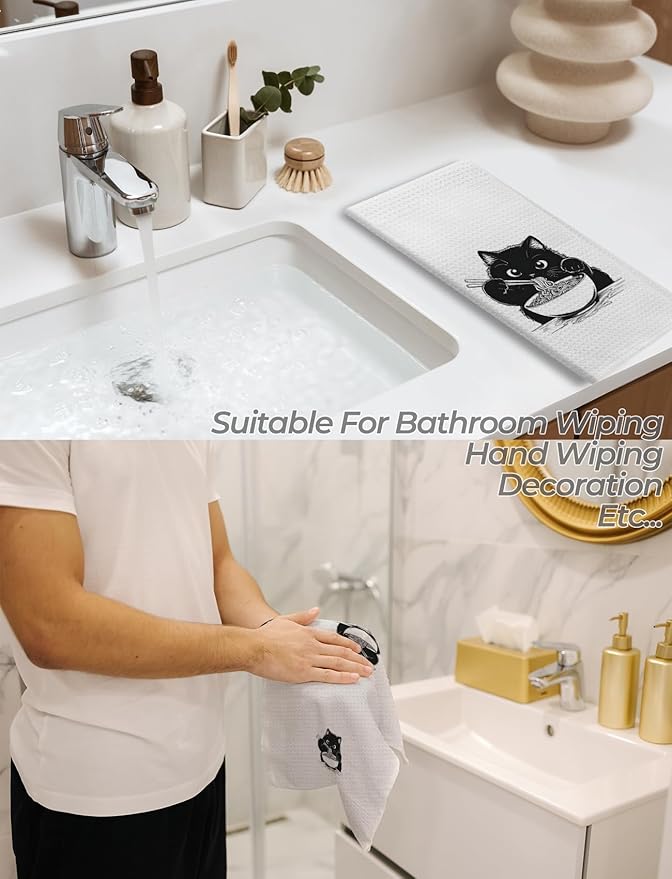 Black Cat Kitchen Towels, Funny Noodle Cat Dish Towels for Kitchen, Cat Hand Towels, Cat Towels for Cat Lovers, Black Cat Gifts, Cat Lover Gifts, Cat Mom Gifts, Cat Lady Gifts, 16x24 Inch