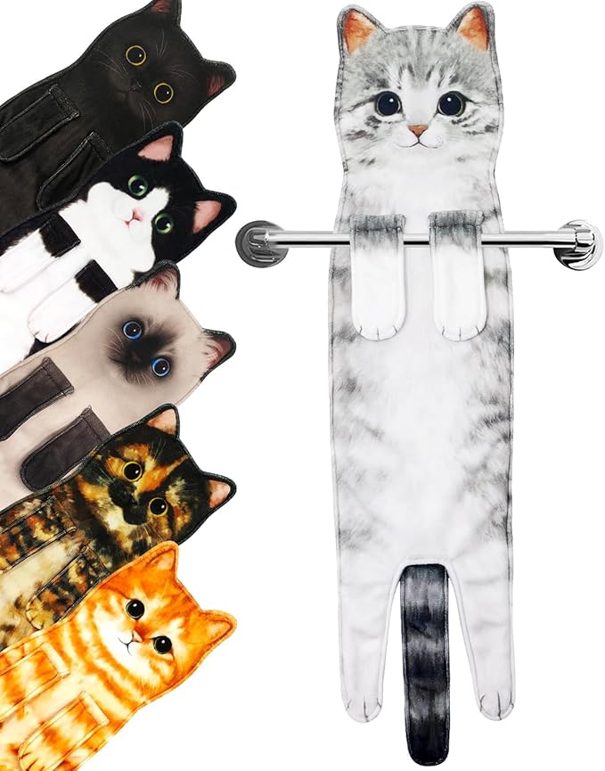 PAT JUUMG Funny Cat Hand Towels for Bathroom Kitchen Decor Towel,Cute Decorative Hanging Face Towels,Super Absorbent Soft, Housewarming Gift,Cat Lovers Gifts for Women (Grey Cat)