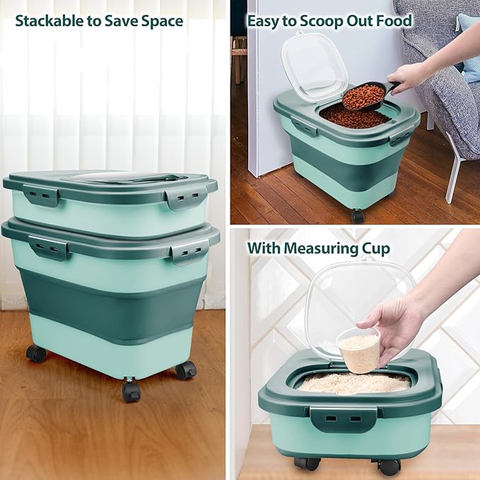 Dog Food Storage Container, 5-20Lbs Collapsible Pet Food Storage Containers with Rolling Wheel Airtight Locking Lid, Dry Food Storage Bin with Cup and Scoop, Suitable for Pet Food, Flour, Rice