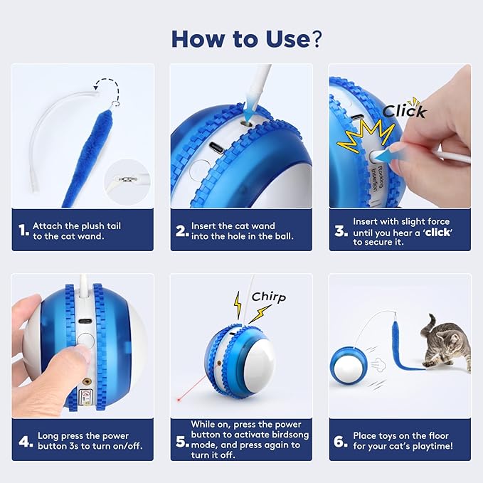 Cat Toys for Indoor Cats, Innovative Interactive Cat Toy Ball with Bird Chirping, USB Rechargeable Automatic Exercise Rolling Cat Toy for Bored Indoor Adult Cats Kittens, Blue/White