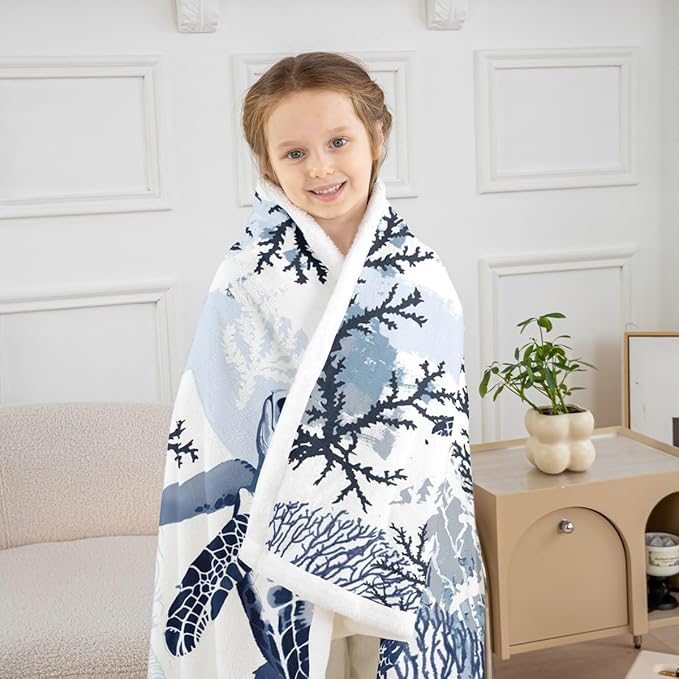 Turtle Sherpa Blanket White Blue Sea Hawaiian Turtle Fleece Throw Blanket Tortoise Plush Blanket Ocean Beach Theme Fuzzy Blanket Underwater Turtle Fleece Throw Blanket for Bed Sofa Couch Queen 90"x90"