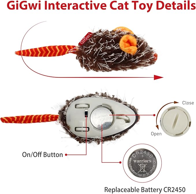 Gigwi Interactive Cat Toys for Indoor Cats, Cat Mouse Toys with Electronic Realistic Squeaky Sound, Automatic Moving Kitten Toys Electric Mice Toy Self Play Exercise(Orange Ear)