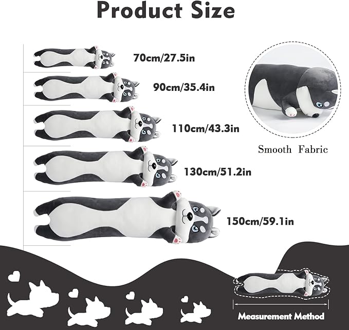 Long Husky Plush Pillow, 43.3in Cute Dog Plushie Stuffed Animals Body Pillow, Kawaii Husky Soft Plushie Doll Toy Birthday Gift for Kids Girlfriend