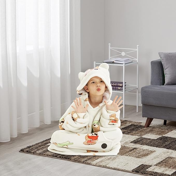 THREE POODLE Wearable Blanket Hoodie for Kids, Oversized Sherpa Sweatshirt Blanket with Giant Hood, Warm Cozy Hooded Blanket, Cute Gifts for Kids Girls Boys