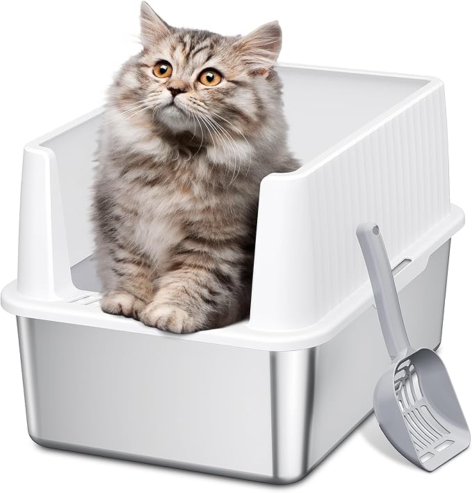 Barhon Stainless Steel Litter Box Small, Kitten Litter Box with High Sides 17" L x 13.3" W x 11.8" H, Metal Kitty Litter Box Easy to Clean, Non Sticky Bottom, Odor-Free, White