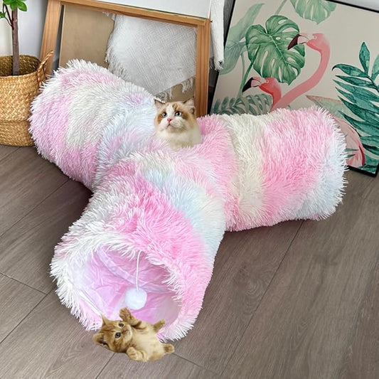 Cat Tunnel Tube Toy, Tunnels for Indoor Catss Soft Warm Rainbow Plush, 3 Way Collapsible Interactive Toys Maze House with Peek Hole Dangling Ball for Rabbit, Puppy, Kitty, Kittens