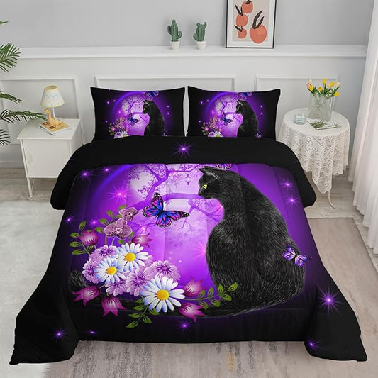 Black Cat Bedding Cartoon Cat Comforter Set Full,Daisy Butterflies Printed Kids Bedding Set for Kids Boys Girls Adults Room Decor,Kids Comforter Set All Season,1 Quilt 2 Pillow Cases