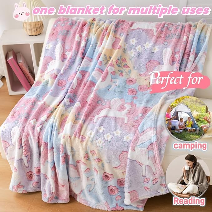 2025 Best Unicorns Gifts Glow in The Dark Blanket for Boys & Girls, Cozy Soft Fluffy Unicorn Flower Girls Throw Blanket, Kids Blanket with Storage Bag, 60x50, Red