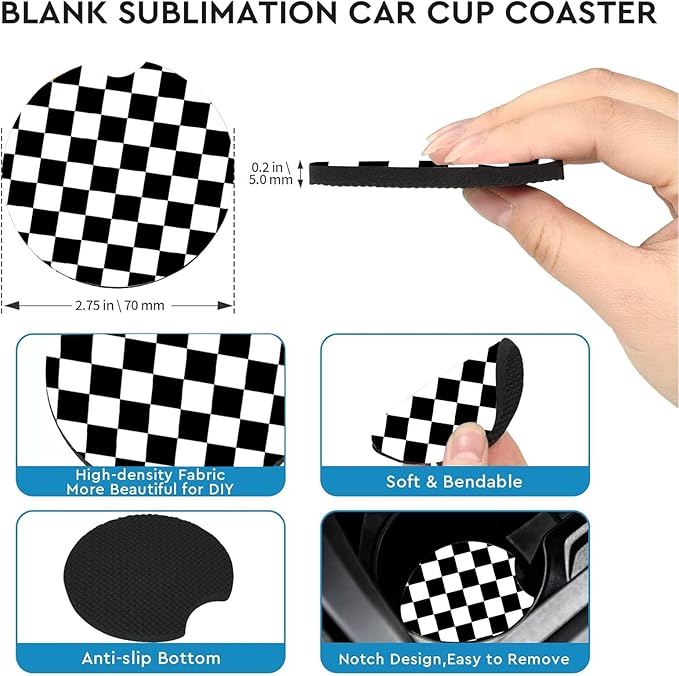 Car Coasters for Cup Holders,2 Pack Black and White Lattice Car Coasters,2.75" Universal Size Anti Slip Rubber Mat,Automotive Cup Holder Decal Decor Accessories,Gifts for Women,Men,Mom