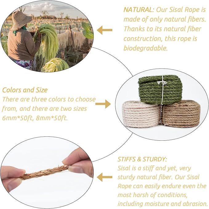 Sisal Rope for Cat Scratcher 1/4 Inch 50 Feet Cat Tree Rope Replacement Natural Hemp Rope, Thick Cat Scratching Post Rope for Indoor/Outdoor, Repairing, Recovering, DIY Scratcher (Green)