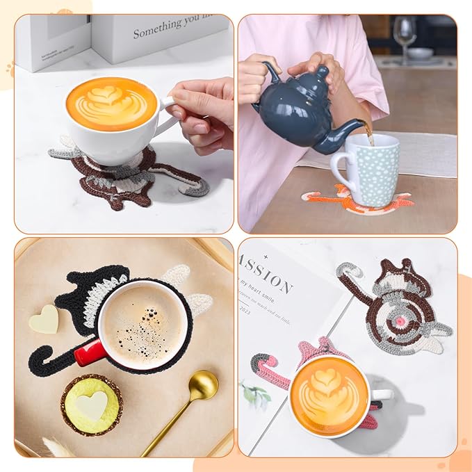 4Pcs Cute Coasters: Crochet Cat Gifts, Cute & Funny Coasters for Coffee & Tea Desk Gifts (4 Pack)