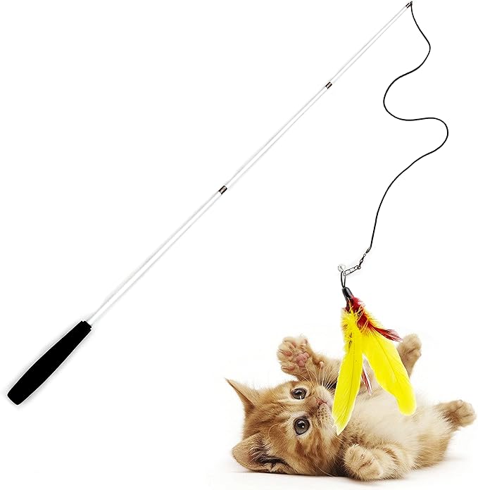 Youngever 6 Pieces Cat Toys Teasing Feather Toy, Retractable Wand with Assorted Teaser Refills, Interactive Toy for Kitten Cat