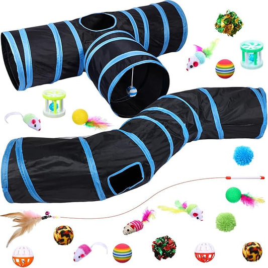Wettarn 22 Pieces Cat Toys Set, with 2 Collapsible Cat Tunnels for Indoor Cats and 20 Kitten Toys Cat Tubes and Tunnels Interactive Cat Feather Toy Mouse Crinkle Balls for Cats Puppies (Black, Blue)