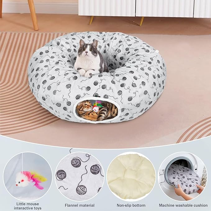 Ownpets Large Cat Tunnel Bed 12 inch Diameter for Large Cats Up to 35 Lbs, Cat Donut Tunnel Bed with Soft Mat, Soft Plush Cat Tube, Peekaboo Cat Cave, Gray