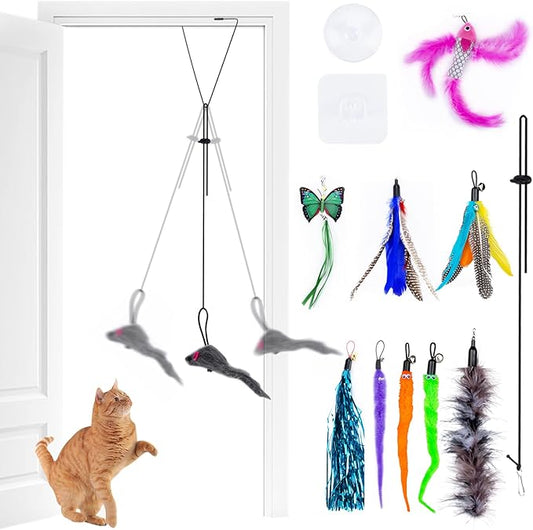 Interactive Cat Feather Toys, Retractable Cat Feather Toy with 9 PCS Replacement, Hanging Cat Teaser Toy for Indoor Cats Kitten Kitty, Cat Toys Cat Wand for Cat Play Exercise