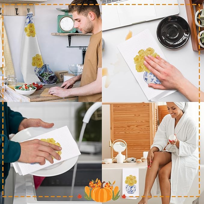 SPBL&L Chinoiserie Decor Kitchen Towels, Blue and White Chinoiserie Vase Yellow Roses Floral Dish Towels for Kitchen, Blue and White Hand Towels for Bathroom, Grandmillenial Decor, 16x24 Inches