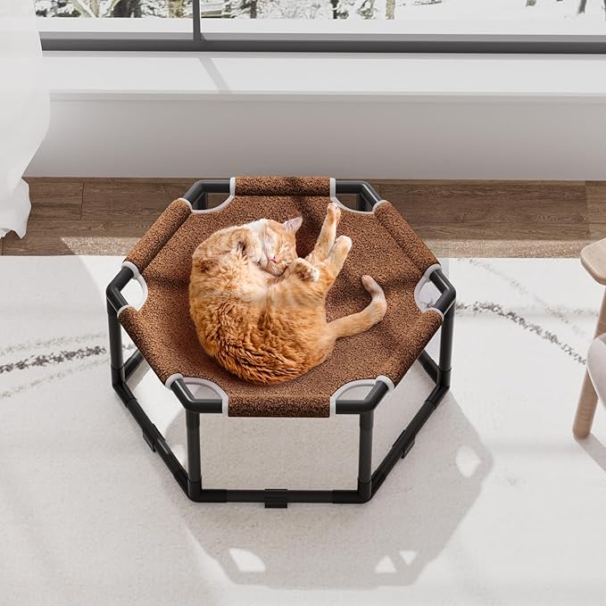 Tresbro Cat Bed, Hexagon Warm Elevated Cat Bed with Thick Teddy Velvet & Anti-Slip Pads, Raised Cat Hammock Bed for Indoor and Outdoor Use, 23.6'' x 10.6'' x 12'' Cat Hammock for Large to Small Cats