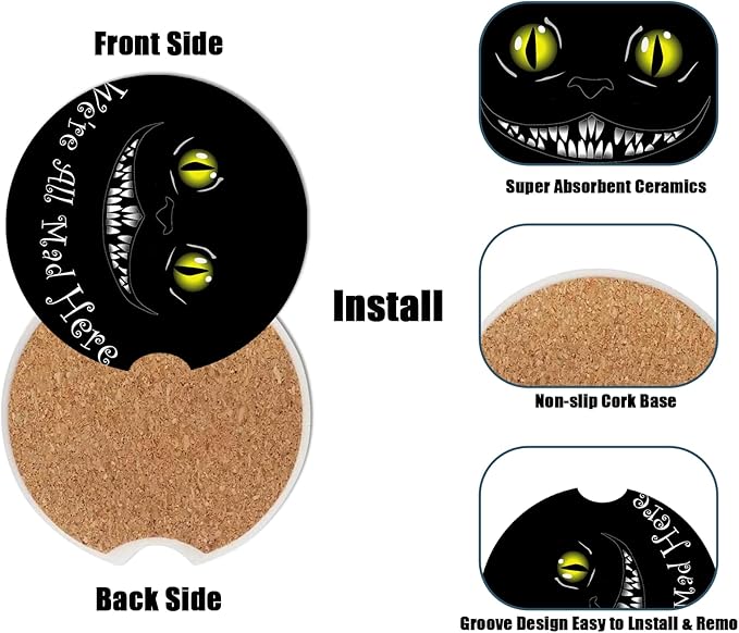 Car Cup Holder Coaster - Funny Black Cat Absorbent Ceramic Coaster, Car Coasters for Cup Holders, Auto Accessories for Women & Men, Pack of 2