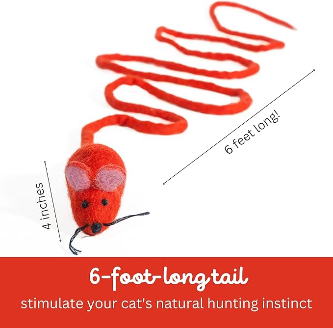 Catch a Mouse by The Tail Wool Cat Mouse Toy with a 6-Foot Tail for Indoor Cats Kittens. Cute Cat Toy Mouse Cat Toy. Rat Plush Toy, Fake Mouse, Mice. No Catnip. Pride (Rainbow Tail)