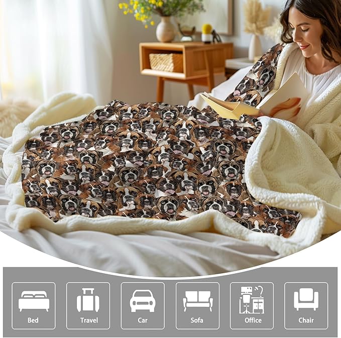 BlessLiving Boxer Blankets Super Soft Fuzzy Dogs Blanket for Kids Adults Cute Puppy Fleece Blanket Reversible Animal Brown Sherpa Throw Thick Lightweight Cozy Plush Blankets (White Boxer,Twin,60"x80")