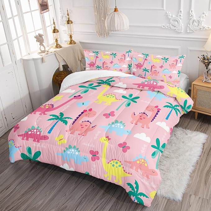 Axolotl Cute Dinosaur Comforter Set Full,Colorful Dinosaur Girls Bedding Set,Dinosaurs Print Comforter Sets Botanical Palm Trees,Butterfly Bedding Set for Kids Girls Teens,1 Quilt 2 Pillowcases,Pink
