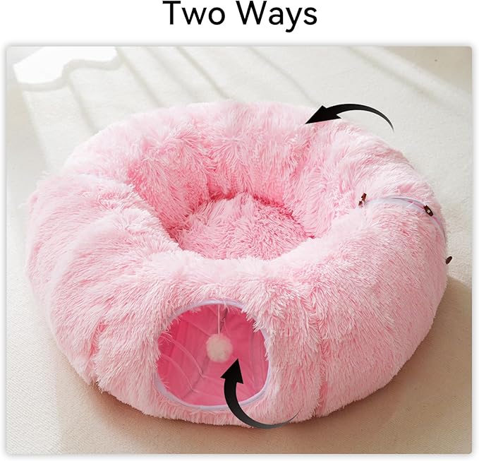 HIPIPET Winter Plush Cat Tunnel with Cat Bed for Indoor Cats,Multifunctional Cat Toys for Small Medium Large Cat.(Pink)