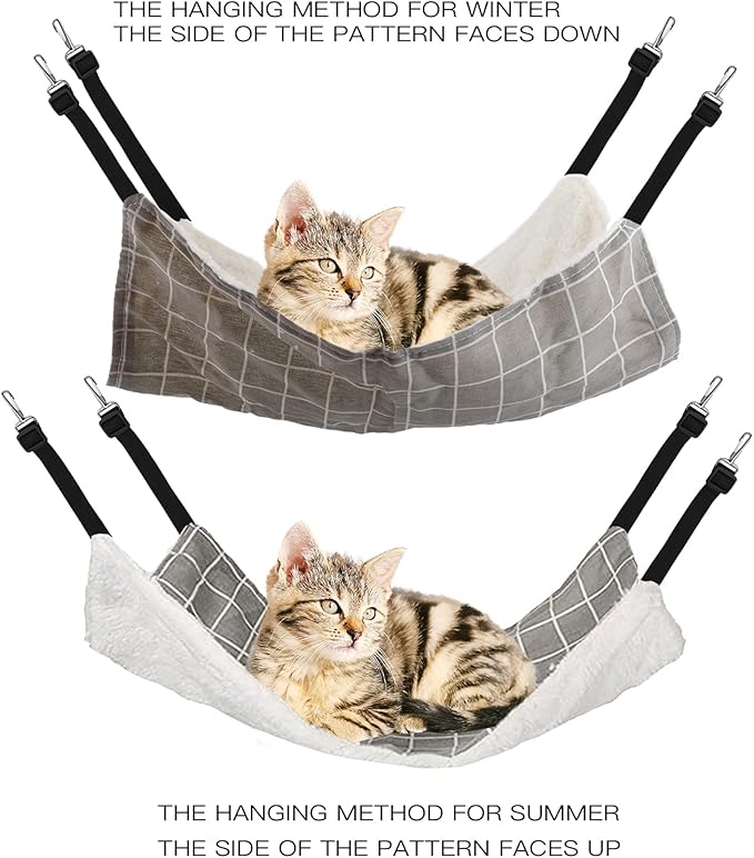 Lainrrew 3 Pcs Cat Hammock, Reversible Cat Hanging Hammock Pet Cage Hammock Soft Plush Cat Bed Double Sided Resting Sleepy Pad with Adjustable Straps for Cats Rabbits Small Dogs Small Animals