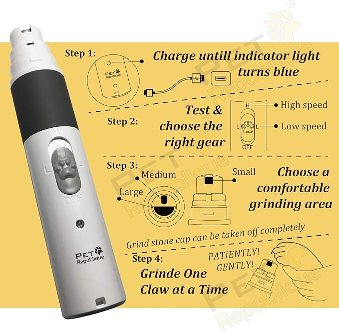 Dog Nail Grinder by Pet Republique - 2 Speed Electric Rechargeable Nail Grinder - Gentle, Quiet, Low, Painless Nail Trimmer - Multi-setting Grinder for Any Small or Medium Dog, Cat, and Pet Claw
