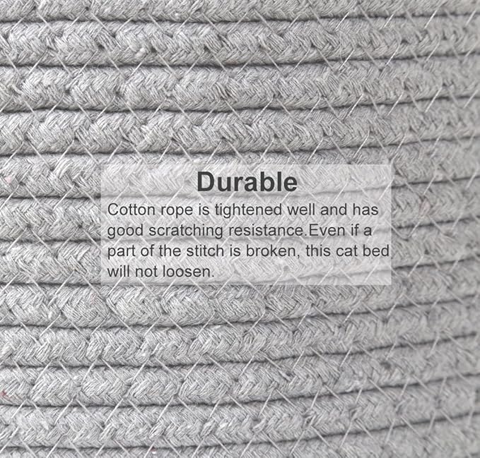 Large Cat Bed Basket Round Cotton Rope Woven - Calming Cat Rope Bed Sleep Surface 17.7 inches(45 cm),Cozy Scratching Indoor Cat bed for a Large Cat or 2 Small Cats,Fit up to 20 lbs Pets,Washable,Grey