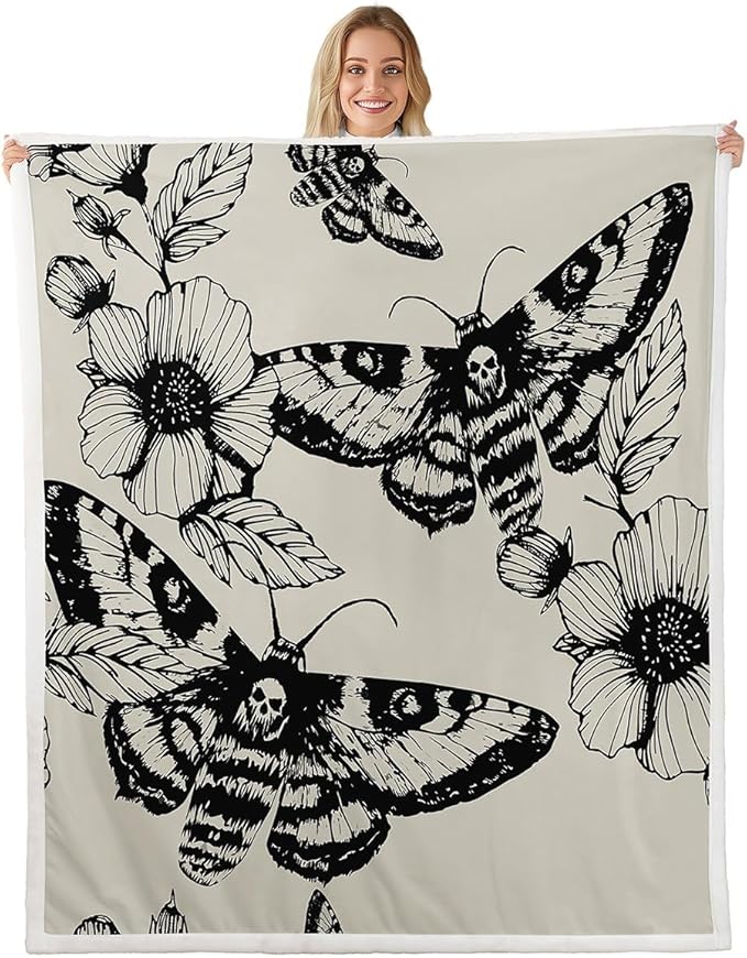 Gothic Skull Sherpa Blanket Decorative Death Moth and Flowers Plush Blanket for Bed Sofa Couch Decor Pesonalized Skeleton Bones Fleece Throw Blanket Black Cream Fuzzy Blanket Throw 50"x60"