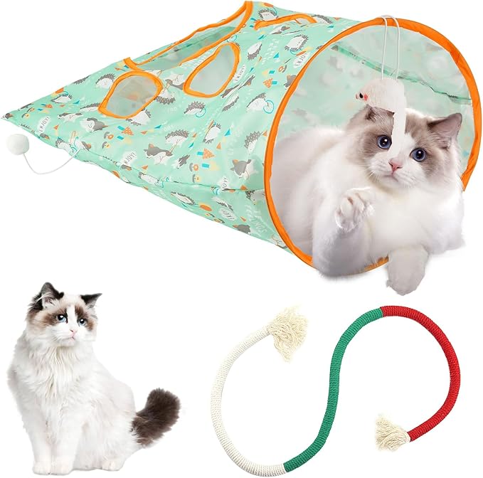 Cat Tunnel Toy and Cats Catnip Rope Toys, Portable Collapsible Cattycoil Drill Bag Toy for Indoor Cats, Cotton Rope Cat Toys for Indoor Cats, Handmade Pet Chew Toys for Teeth Cleaning