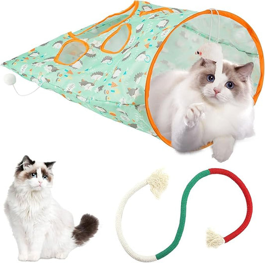 Cat Tunnel Toy and Cats Catnip Rope Toys, Portable Collapsible Cattycoil Drill Bag Toy for Indoor Cats, Cotton Rope Cat Toys for Indoor Cats, Handmade Pet Chew Toys for Teeth Cleaning
