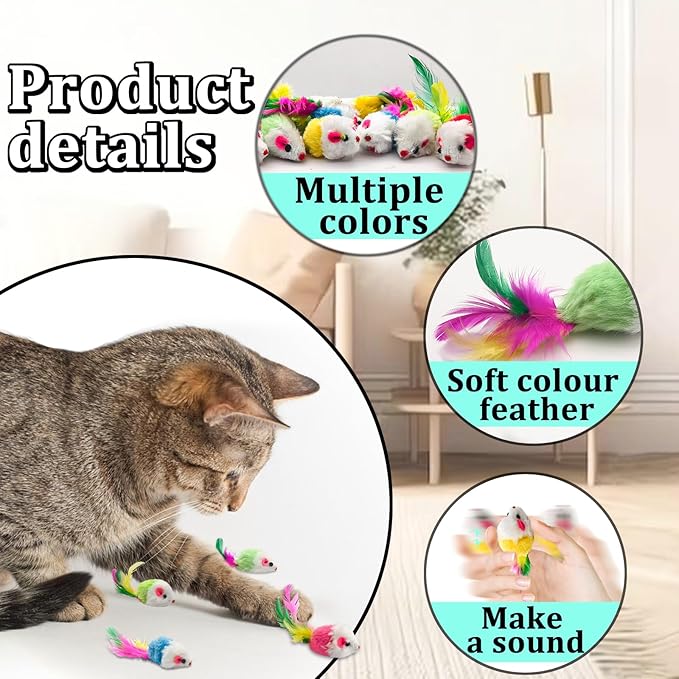 Andiker 12Pcs Cat Mouse Toy for Indoor Cats, 3.93'' Colorful Cat Mice Toy in Random Colors with Feather Realistic Mice Toys for Cat Cute Cat Plush Mouse Toy for Cat to Catch Play (Mix Color)
