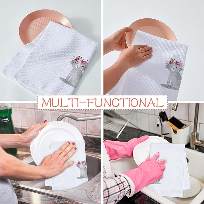 Cute Cat Kitchen Hand Towels Set of 2 Cat Lover Gifts for Women Cat Kitchen Accessories Cats Decoration for Cat Mom Cute Towels Decorative Set for Kitchen & Bathroom 16×24 Inch