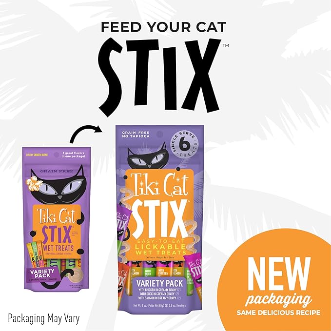 Tiki Cat Stix Mousse Treats, Single Serve Indulgent Lickable Treat or Dry Food Topper, Variety Pack with Salmon, Chicken, and Tuna, 3 oz. Pouch (Pack of 12)