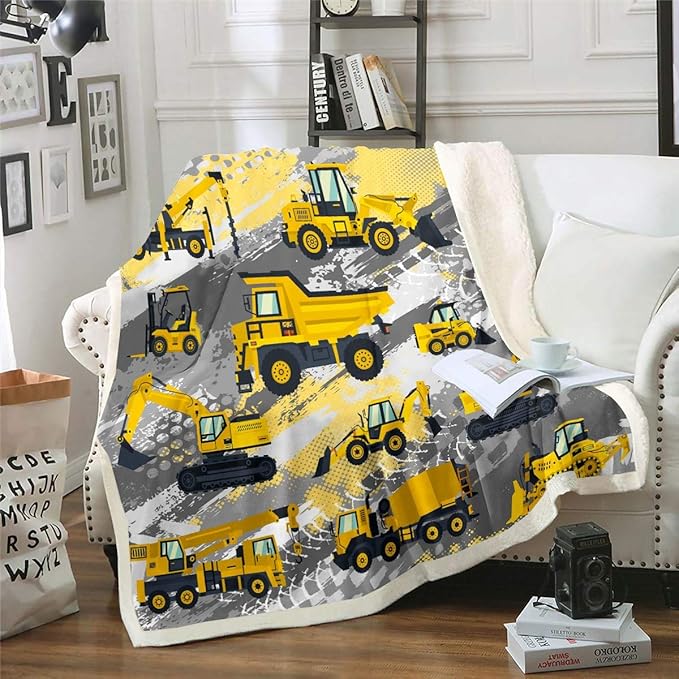 Cartoon Car Fleece Throw Blanket Construction Vehicles Sherpa Blanket for Couch Bed Sofa Cartoon Machinery Truck Plush Blanket Construction Site Cars Fuzzy Blanket Twin 60"x80"