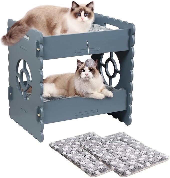 Wooden Cat Bed,Elevated Cat Bed Furniture,Cat Bunk Beds for 2 Indoor Cats,Modern Cat Condo with Matress,Protect Cat's Hip Joint for All Seasons,Easy to Assemble(19.7“x15 x19.2,Grey)