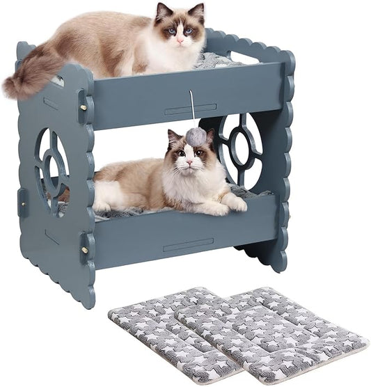 Wooden Cat Bed,Elevated Cat Bed Furniture,Cat Bunk Beds for 2 Indoor Cats,Modern Cat Condo with Matress,Protect Cat's Hip Joint for All Seasons,Easy to Assemble(19.7“x15 x19.2,Grey)