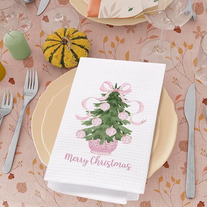 SPBL&L Merry Chinoiserie Christmas Kitchen Towels, Pink Bow Tree Decorative Hand Towels for Bathroom, Dish Towels, Kitchen Bathroom Decor, 16x24 Inch